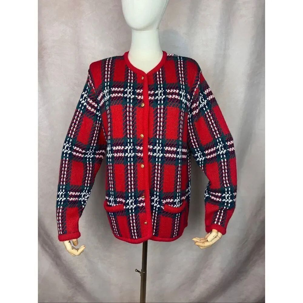 Vintage 90s Womens Medium Tartan Plaid Knit Cardigan Sweater Coat Preppy